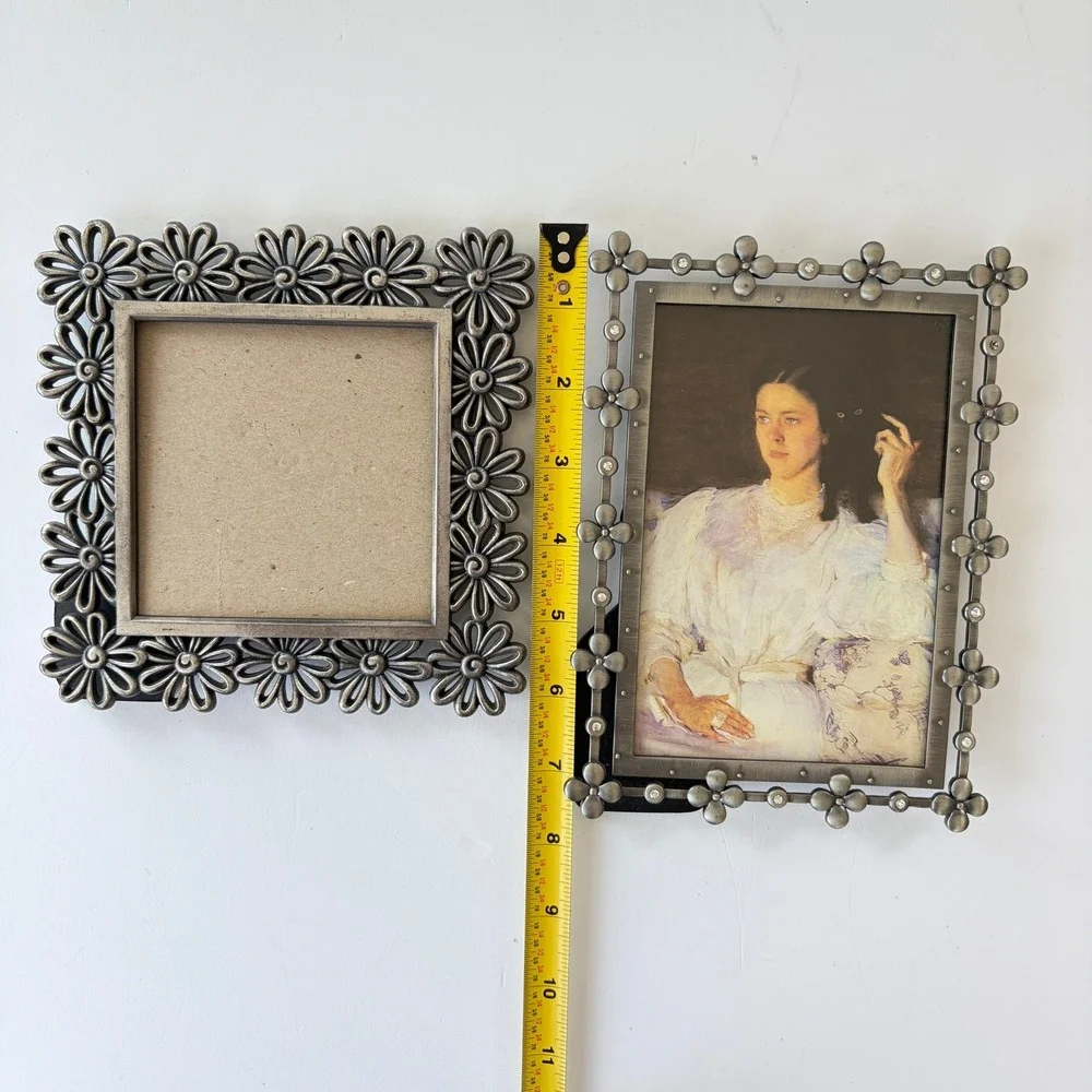 Elsa L Pewter Tone Metal Picture Frame Set Daisy and Rhinestone Clover 4x6 3x3